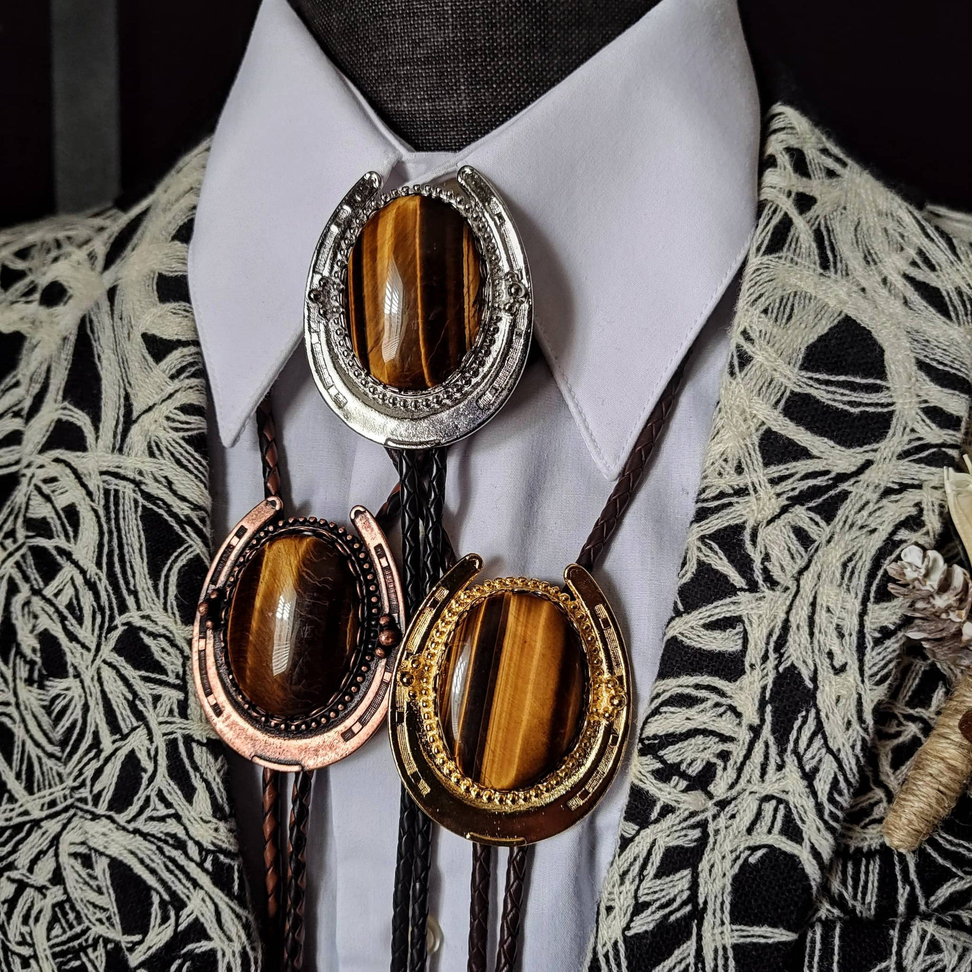 Lucky Horseshoe Bolo Tie with Brown Tiger's Eye Jasper Gold, Silver or Copper - Folks On The Edge