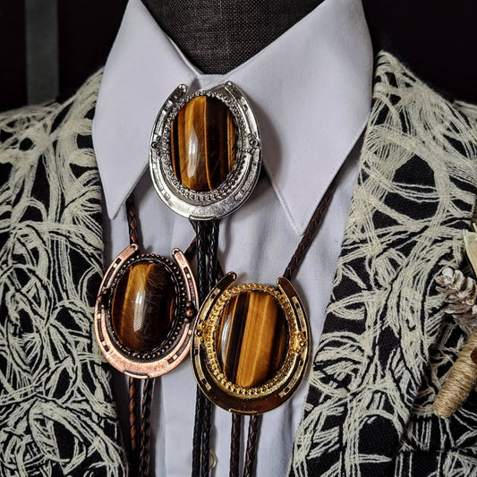 Lucky Horseshoe Bolo Tie with Brown Tiger's Eye Jasper Gold, Silver or Copper - Folks On The Edge