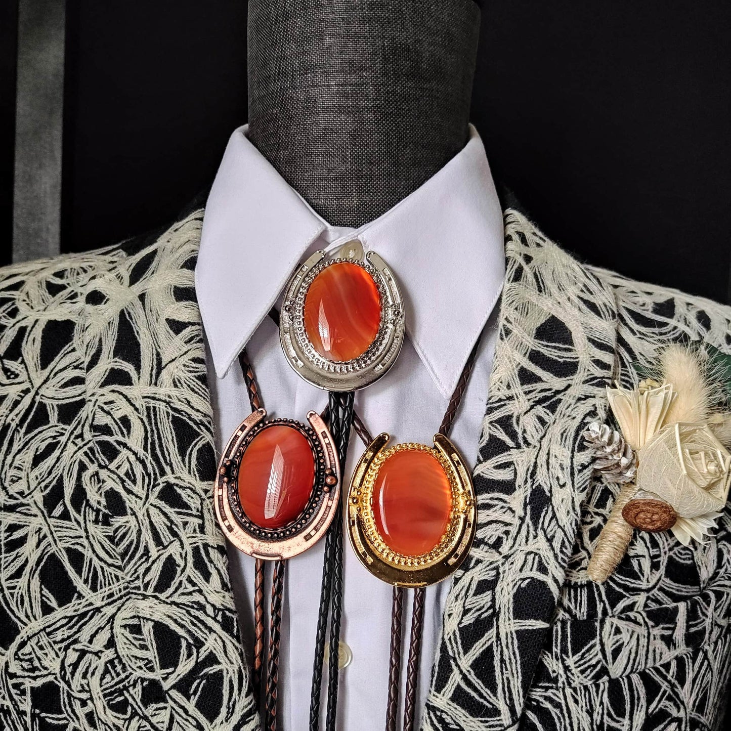Lucky Horseshoe Bolo Tie with Red Orange Carnelian Agate in Gold, Silver or Copper - Folks On The Edge