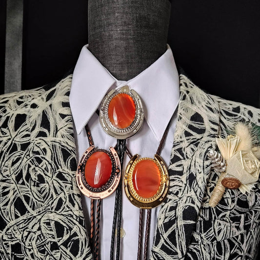 Lucky Horseshoe Bolo Tie with Red Orange Carnelian Agate in Gold, Silver or Copper - Folks On The Edge