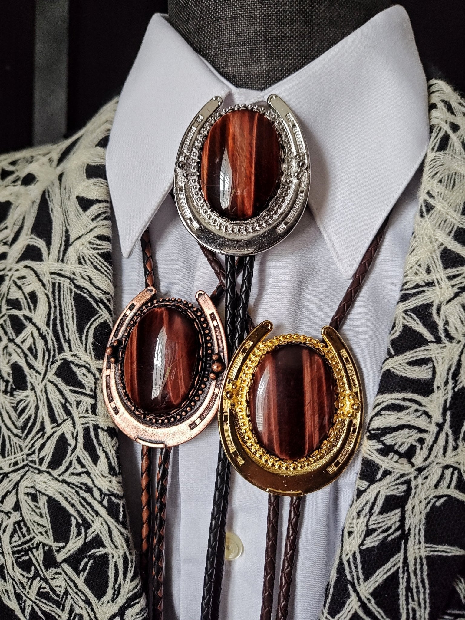 Lucky Horseshoe Bolo Tie with Red Tiger's Eye Jasper Gold, Silver or Copper - Folks On The Edge
