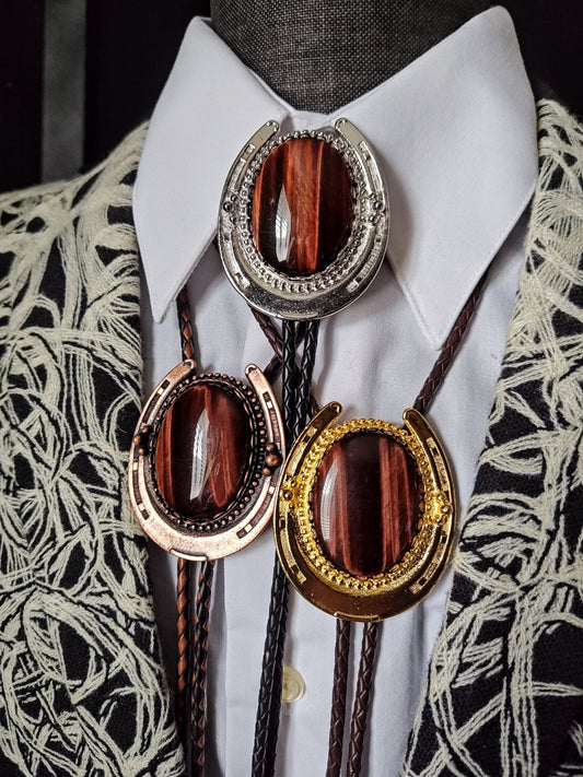 Lucky Horseshoe Bolo Tie with Red Tiger's Eye Jasper Gold, Silver or Copper - Folks On The Edge