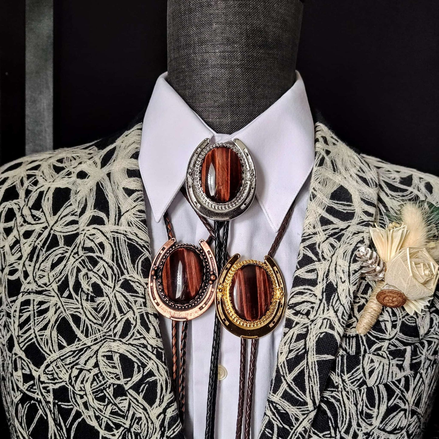 Lucky Horseshoe Bolo Tie with Red Tiger's Eye Jasper Gold, Silver or Copper - Folks On The Edge