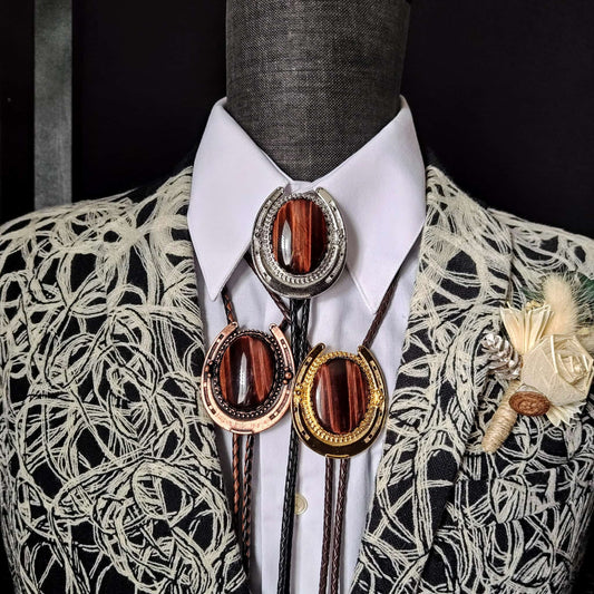 Lucky Horseshoe Bolo Tie with Red Tiger's Eye Jasper Gold, Silver or Copper - Folks On The Edge