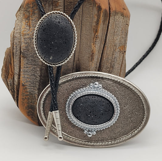 Matching Black Lava Rock Bolo Tie & Belt Buckle Silver Tone Set - Folks On The Edge
