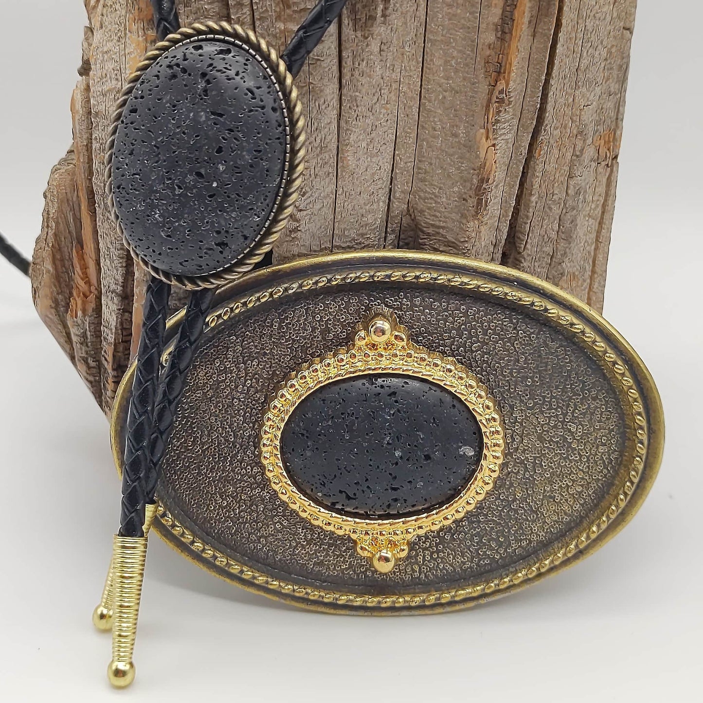 Matching Black Lave Rock Bolo Tie & Belt Buckle Gold Tone Set - Folks On The Edge