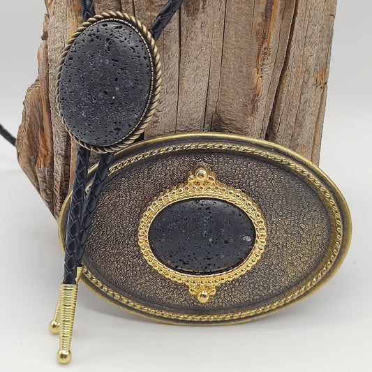 Matching Black Lave Rock Bolo Tie & Belt Buckle Gold Tone Set - Folks On The Edge