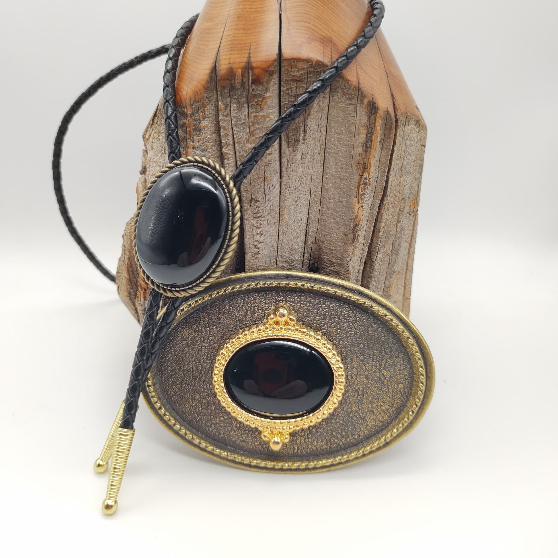 Matching Black Onyx Bolo Tie & Belt Buckle Gold Tone Set - Folks On The Edge