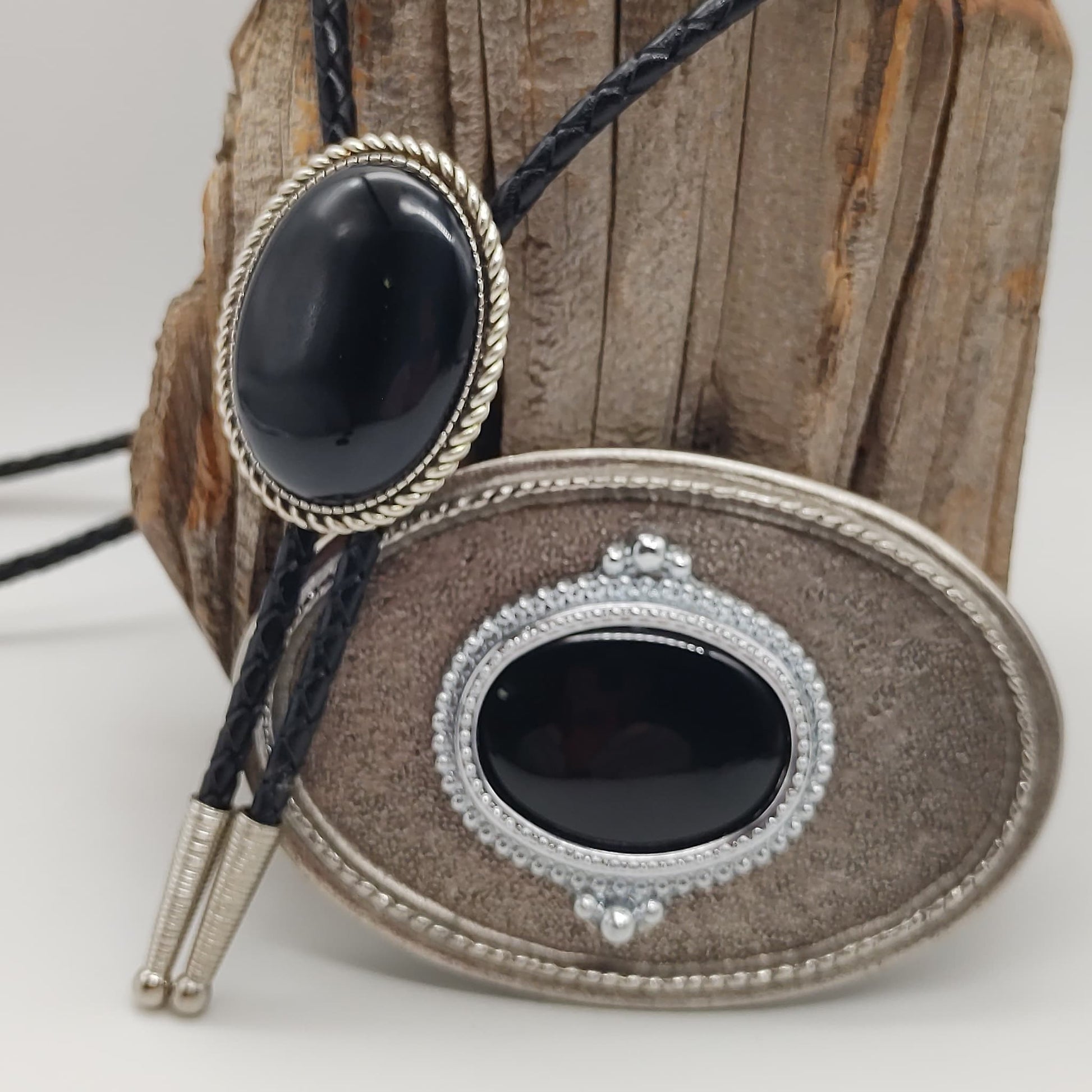 Matching Black Onyx Bolo Tie & Belt Buckle Silver Tone Set - Folks On The Edge