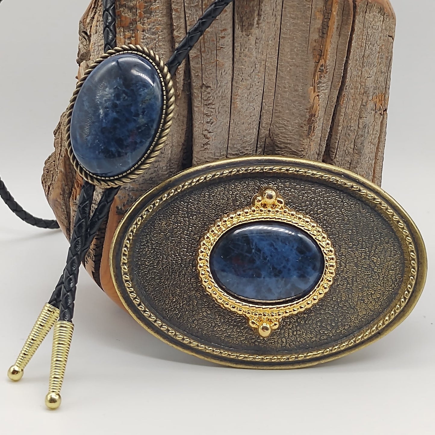 Matching Blue Sodalite Bolo Tie & Belt Buckle Gold Tone Set - Folks On The Edge