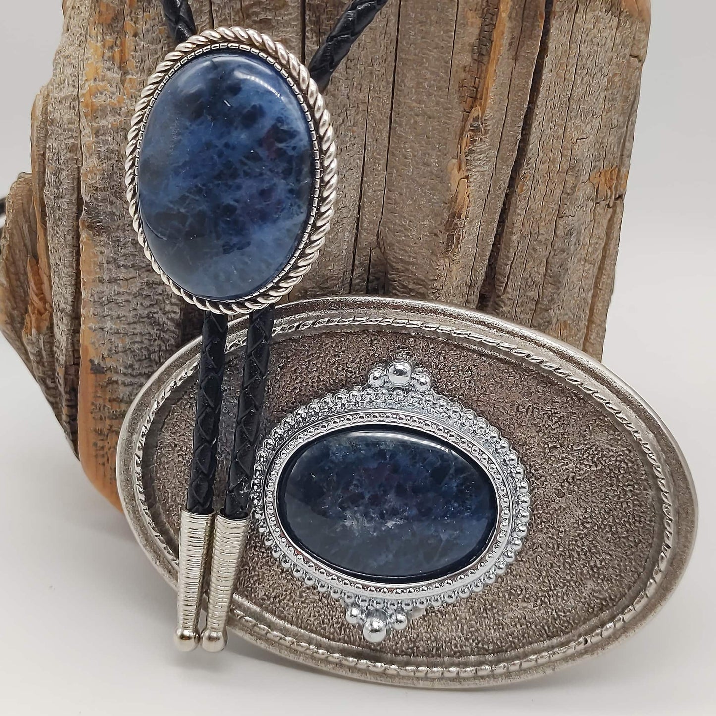 Matching Blue Sodalite Bolo Tie & Belt Buckle Silver Tone Set - Folks On The Edge