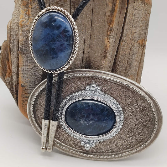 Matching Blue Sodalite Bolo Tie & Belt Buckle Silver Tone Set - Folks On The Edge