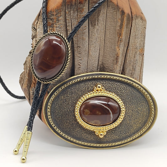 Matching Brown Banded Agate Bolo Tie & Belt Buckle Gold Tone Set - Folks On The Edge