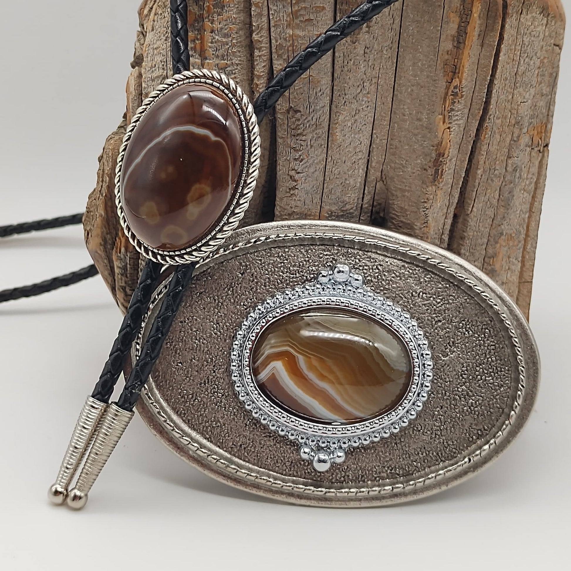 Matching Brown Banded Agate Bolo Tie & Belt Buckle Silver Tone Set - Folks On The Edge