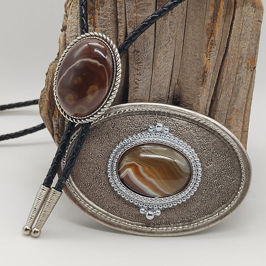 Matching Brown Banded Agate Bolo Tie & Belt Buckle Silver Tone Set - Folks On The Edge