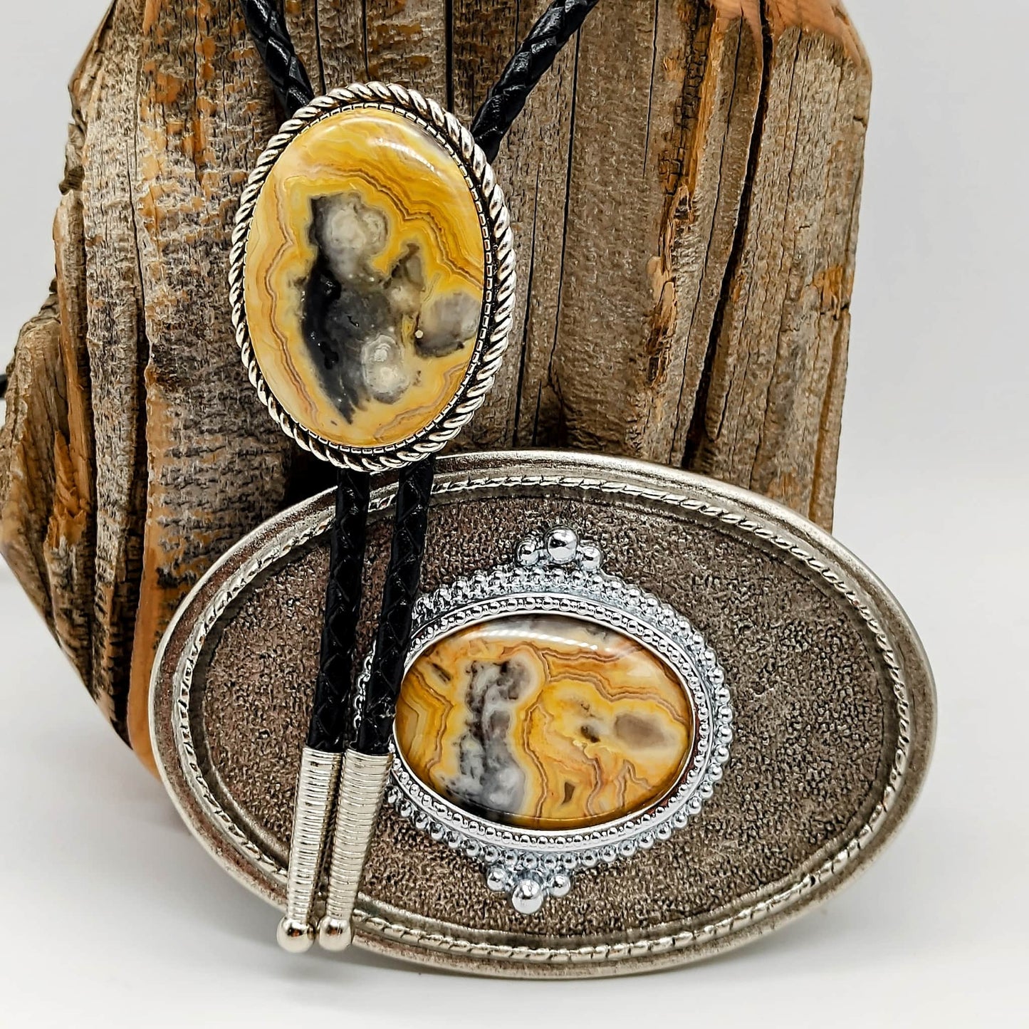 Matching Crazy Lace Agate Bolo Tie & Belt Buckle Gold Tone Set - Folks On The Edge