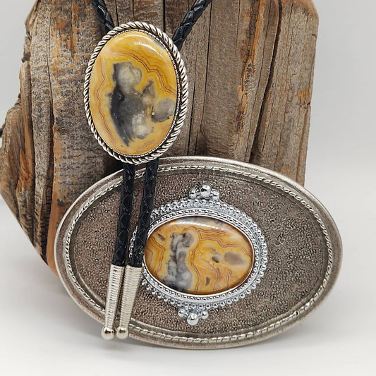 Matching Crazy Lace Agate Bolo Tie & Belt Buckle Silver Tone Set - Folks On The Edge