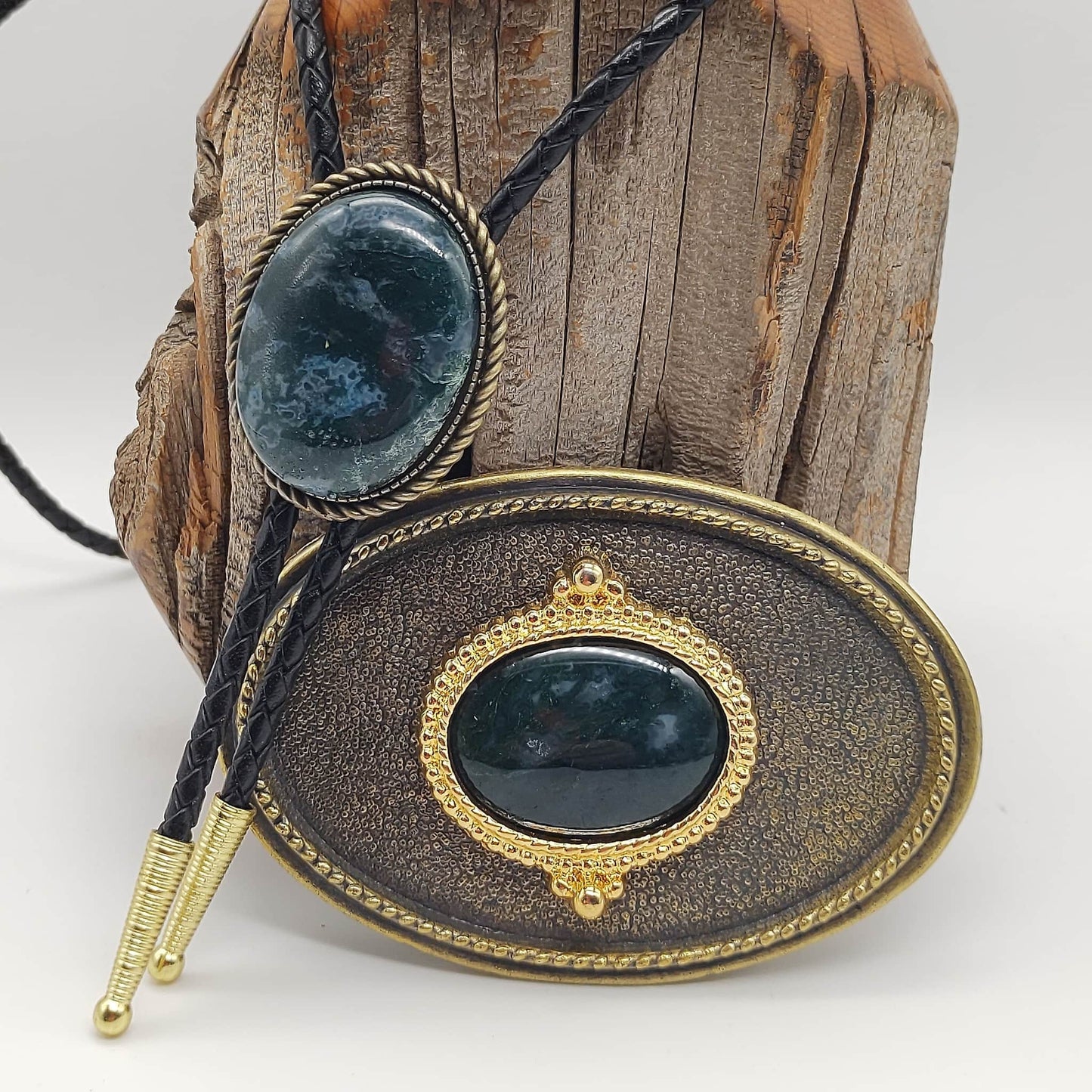 Matching Green Moss Agate Bolo Tie & Belt Buckle Gold Tone Set - Folks On The Edge
