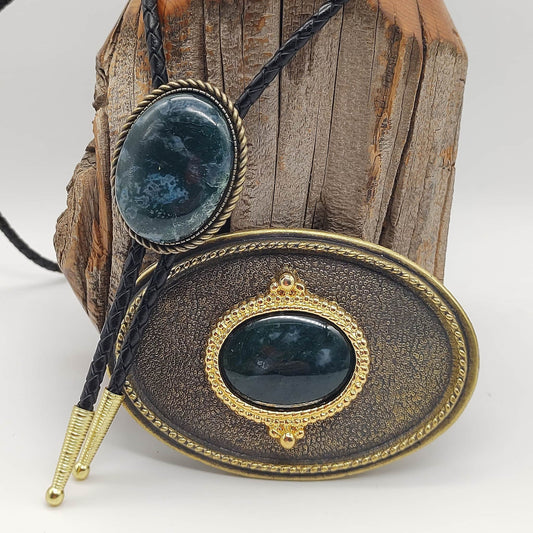 Matching Green Moss Agate Bolo Tie & Belt Buckle Gold Tone Set - Folks On The Edge