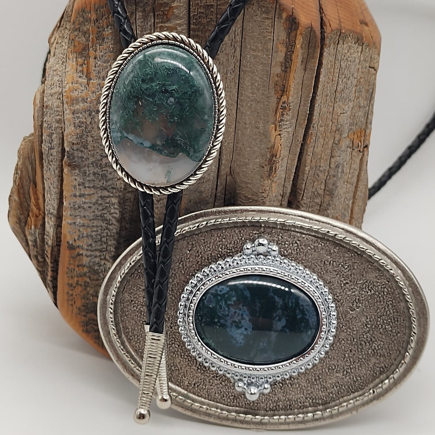 Matching Green Moss Agate Bolo Tie & Belt Buckle Silver Tone Set - Folks On The Edge