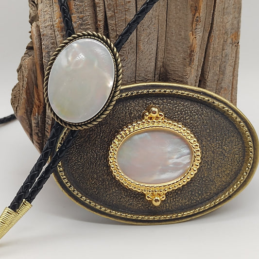 Matching Mother Of Pearl Bolo Tie & Belt Buckle Gold Tone Set - Folks On The Edge
