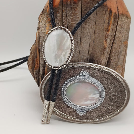 Matching Mother Of Pearl Bolo Tie & Belt Buckle Silver Tone Set - Folks On The Edge