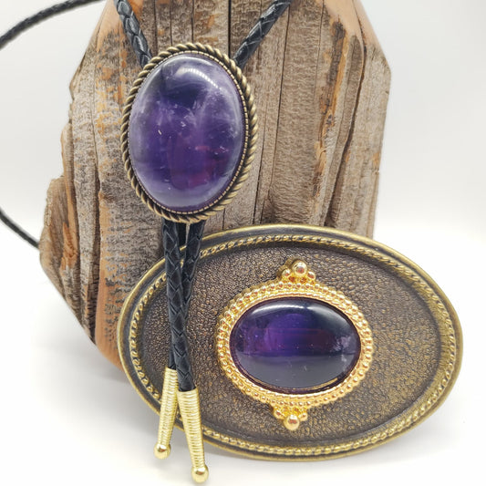 Matching Purple Amethyst Bolo Tie & Belt Buckle Gold Tone Set - Folks On The Edge