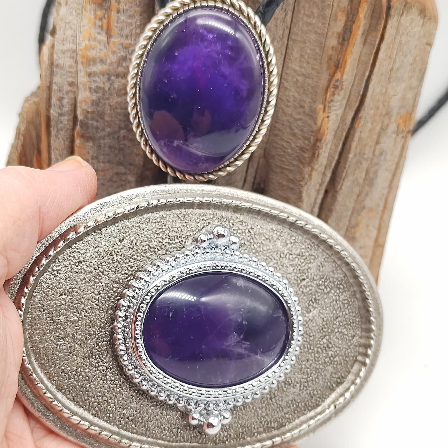 Matching Purple Amethyst Bolo Tie & Belt Buckle Silver Tone Set - Folks On The Edge