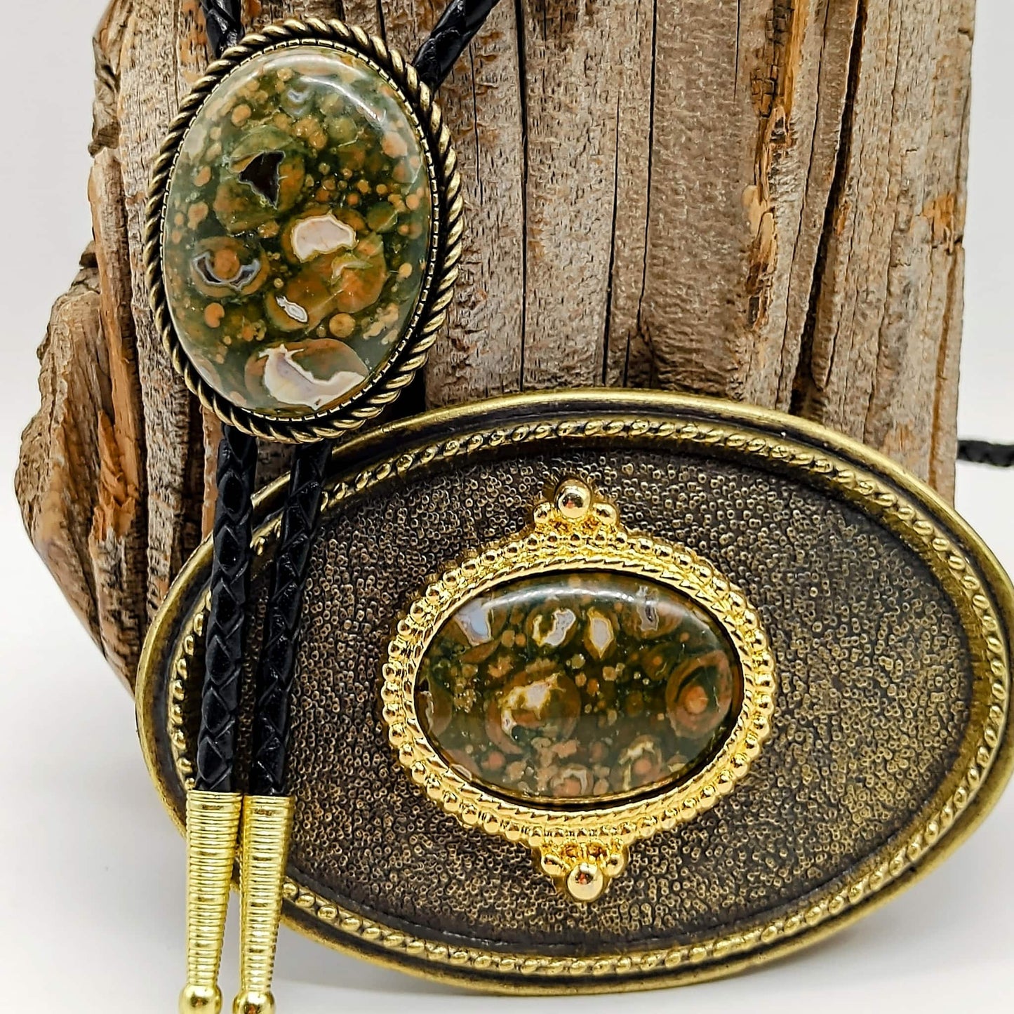 Matching Rainforest Jasper Bolo Tie & Belt Buckle Gold Tone Set - Folks On The Edge
