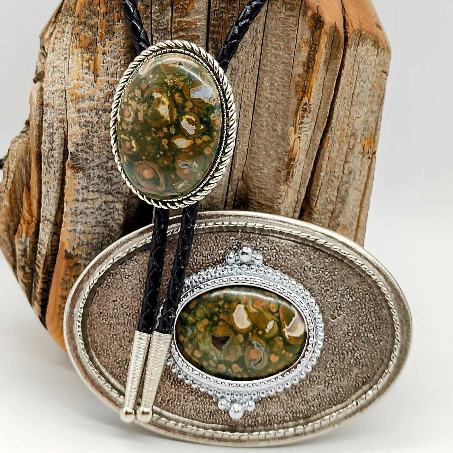 Matching Rainforest Jasper Bolo Tie & Belt Buckle Silver Tone Set - Folks On The Edge