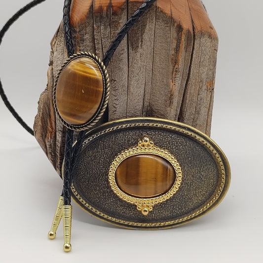 Matching Tiger's Eye Jasper Bolo Tie & Belt Buckle Gold Tone Set - Folks On The Edge