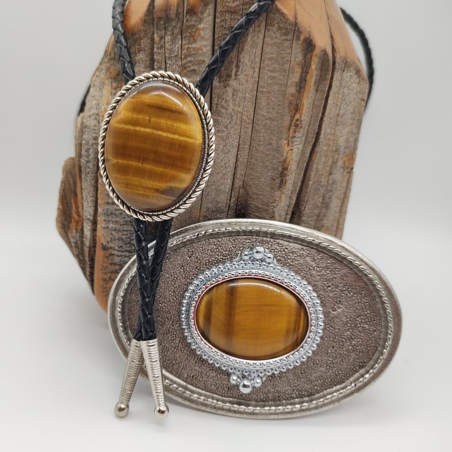 Matching Tiger's Eye Jasper Bolo Tie & Belt Buckle Silver Tone Set - Folks On The Edge