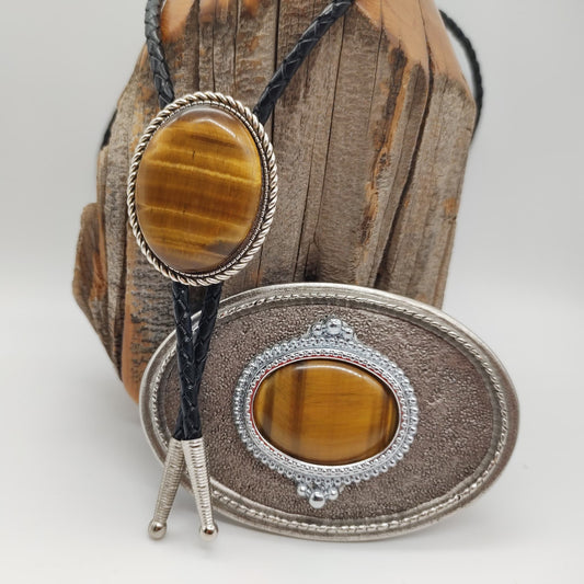 Matching Tiger's Eye Jasper Bolo Tie & Belt Buckle Silver Tone Set - Folks On The Edge