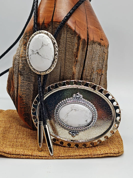 Matching White Howlite Bolo Tie & Belt Buckle Silver Tone Rocky Bar Set - Folks On The Edge