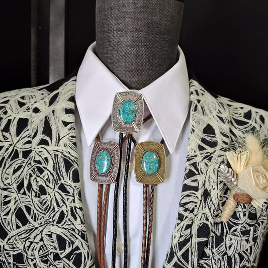 Mohave Turquoise with Copper Bolo Tie in Pahsimeroi Setting Gold, Silver or Copper - Folks On The Edge
