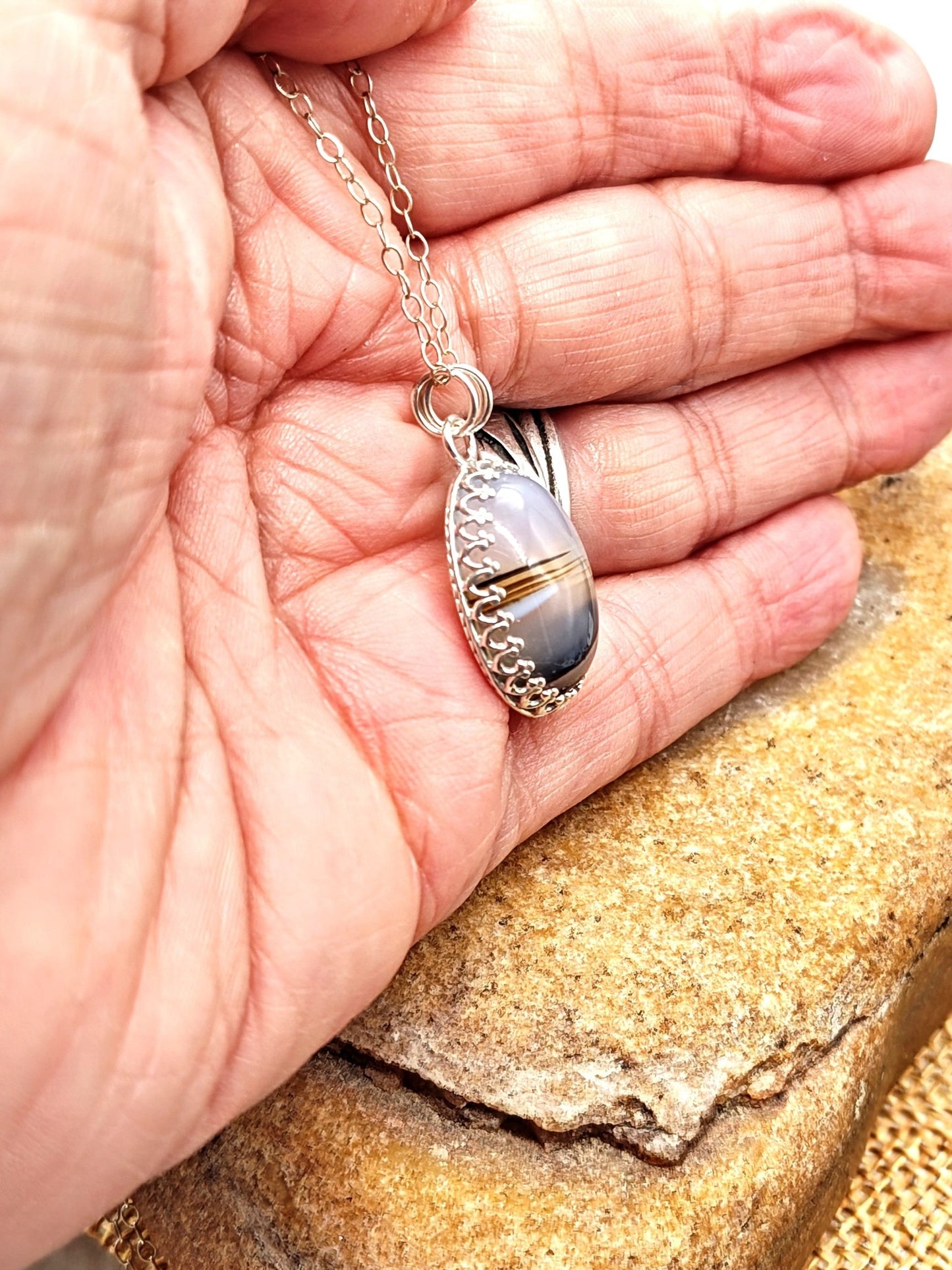 Montana Agate Sterling Silver Pendant Necklace with 18x13mm Stone - Folks On The Edge