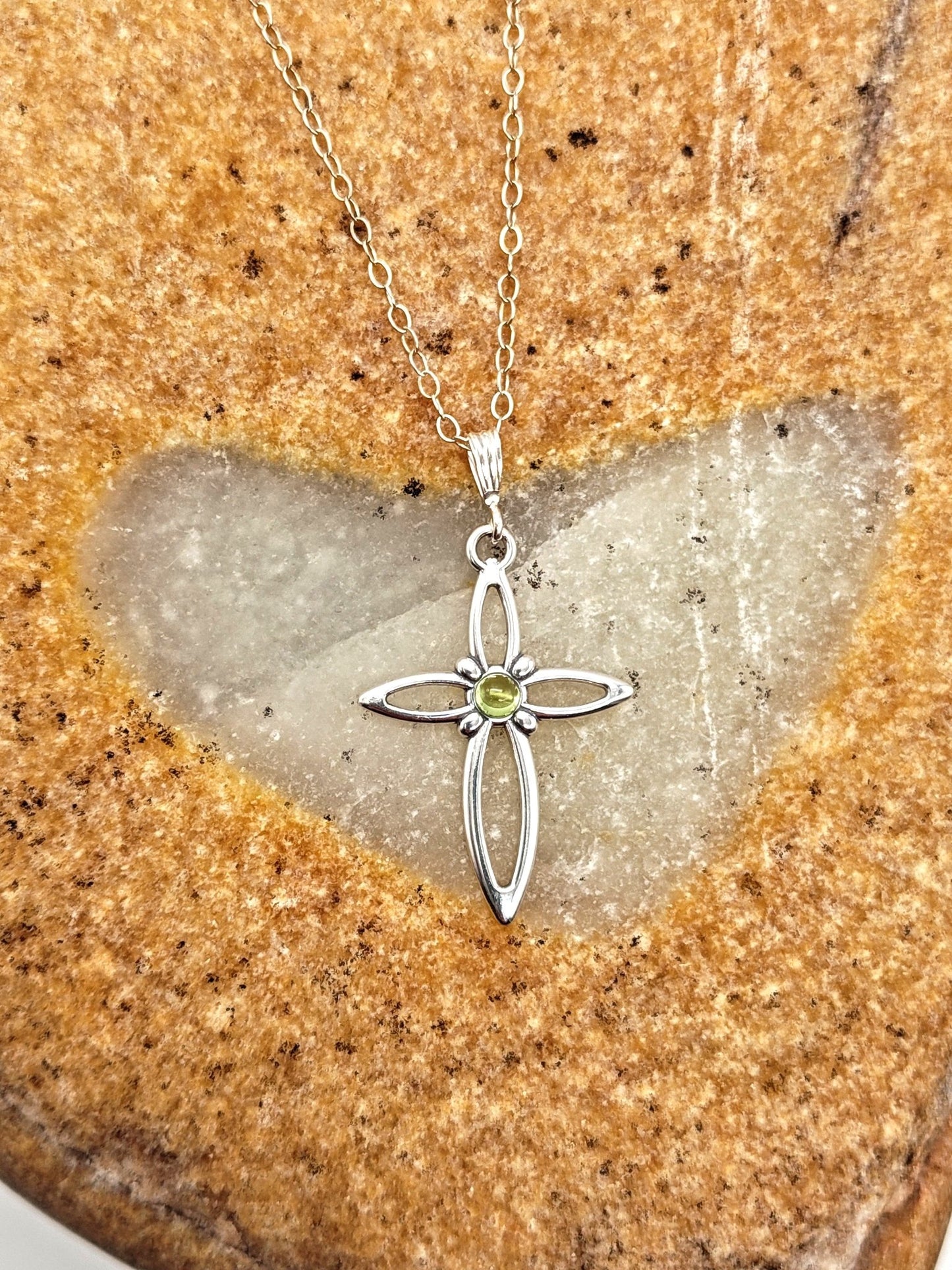 Peridot Sterling Silver Cross Pendant Necklace with 3mm round stone - Folks On The Edge