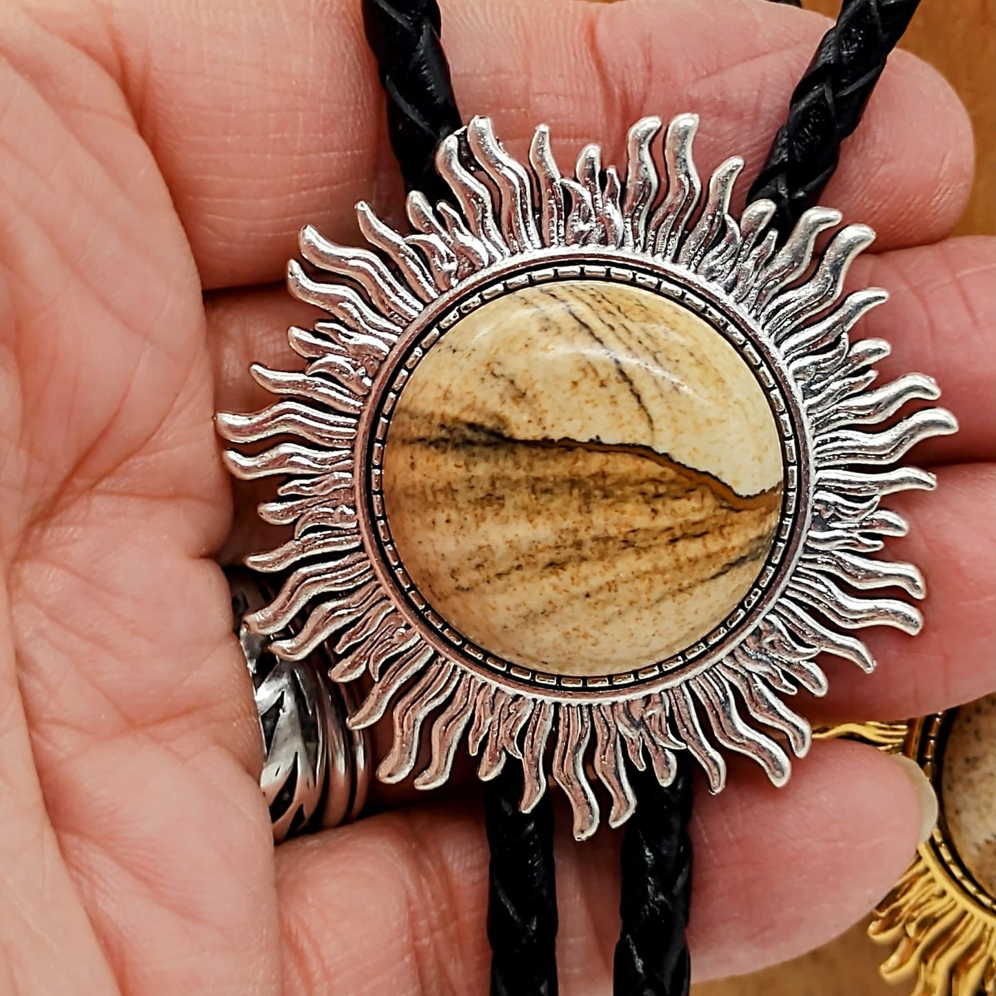 Picture Jasper Bolo Tie in Sun Valley Setting Silver or Gold - Folks On The Edge
