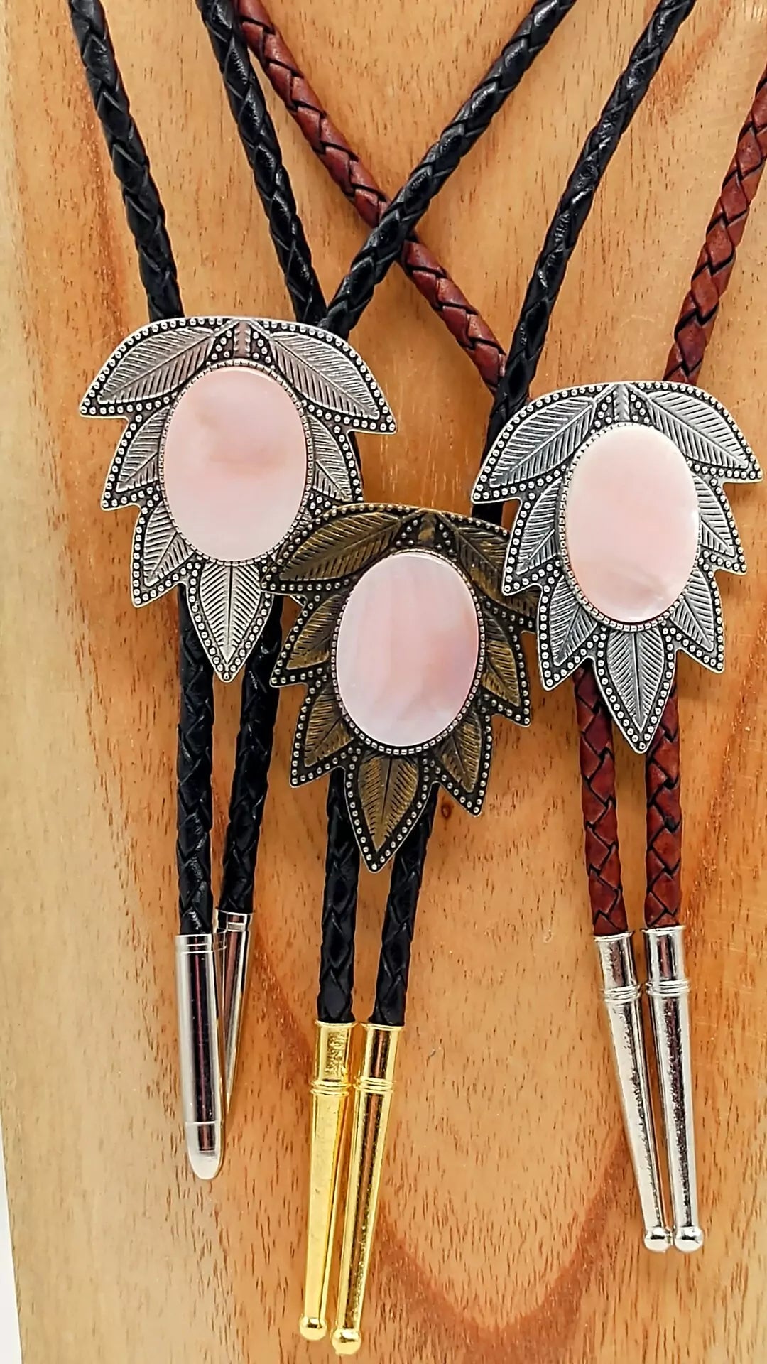 Pink Mother Of Pearl Bolo Tie in Wisteria Setting Silver or Gold - Folks On The Edge