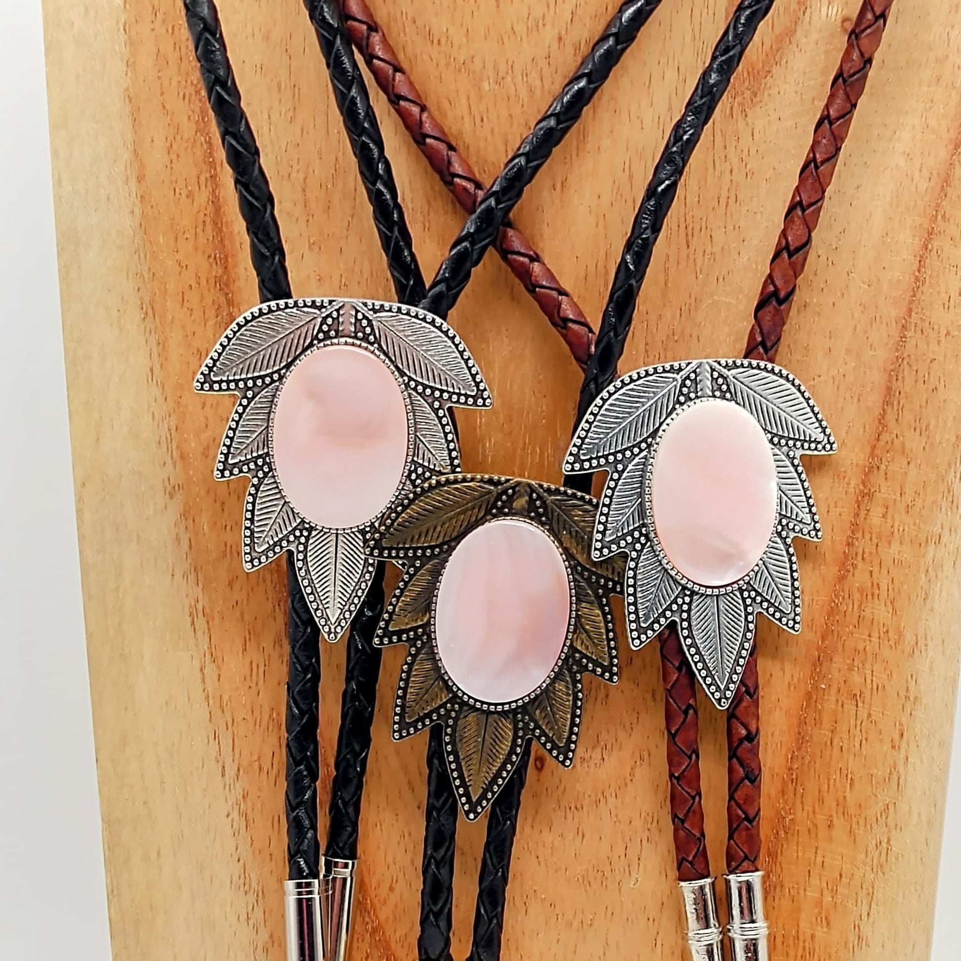 Pink Mother Of Pearl Bolo Tie in Wisteria Setting Silver or Gold - Folks On The Edge