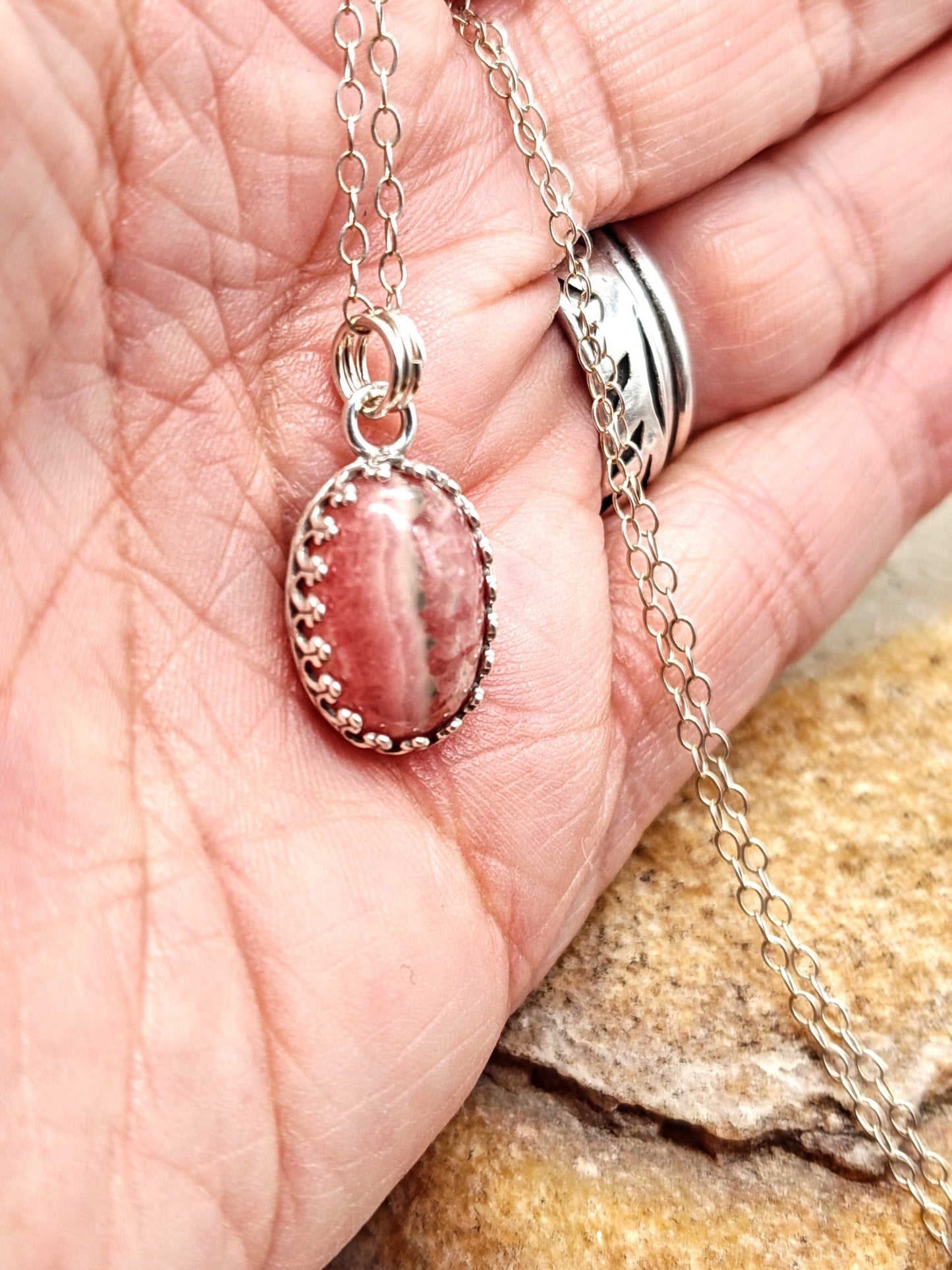 Pink Rhodochrosite Sterling Silver Pendant Necklace with 14x10mm Stone - Folks On The Edge