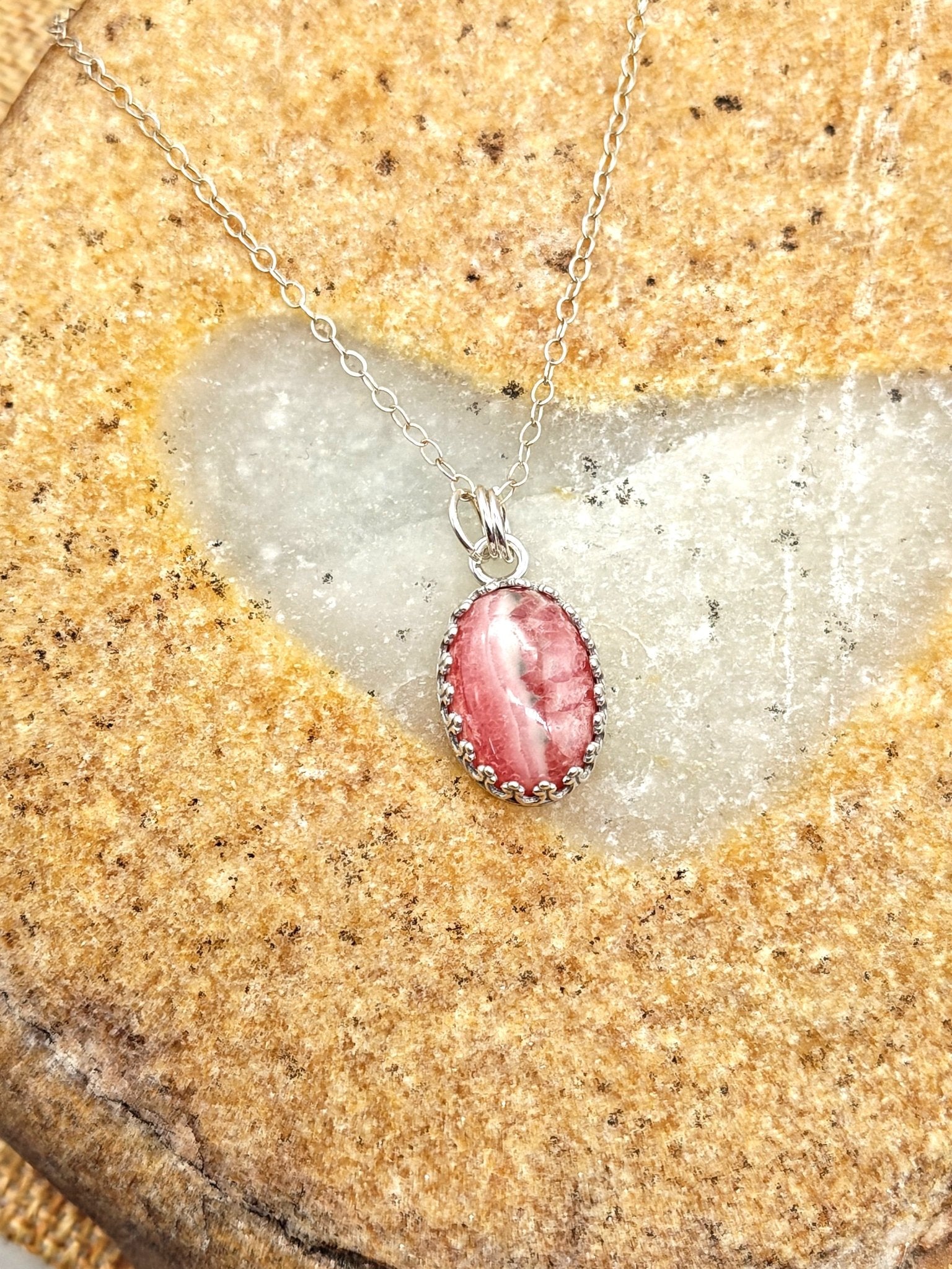 Pink Rhodochrosite Sterling Silver Pendant Necklace with 14x10mm Stone - Folks On The Edge