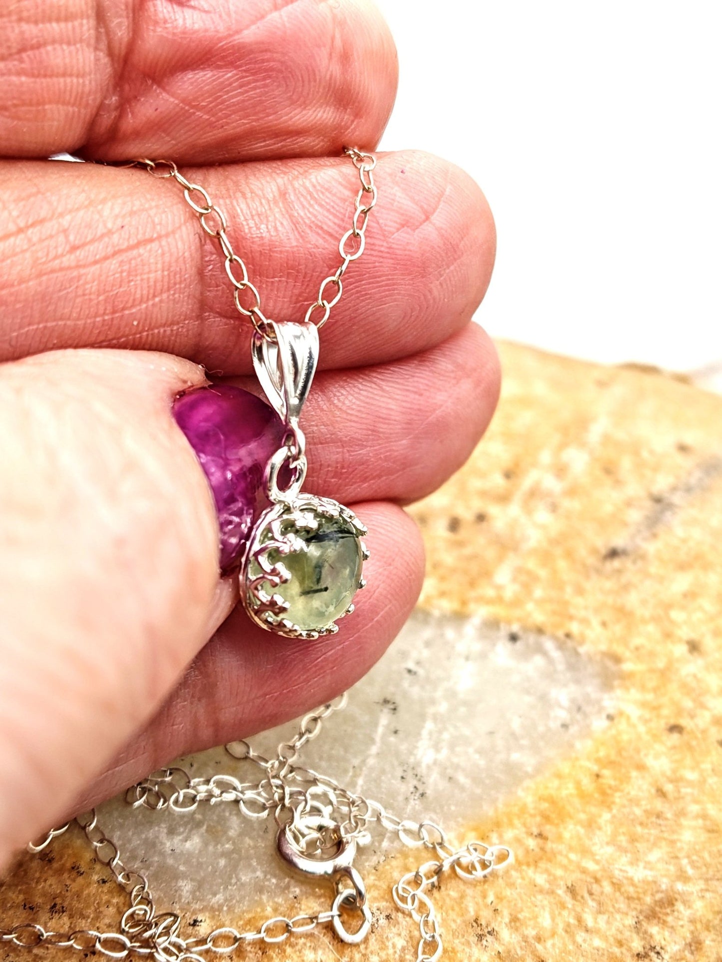 Prehnite Sterling Silver Gallery Pendant Necklace 8mm - Folks On The Edge