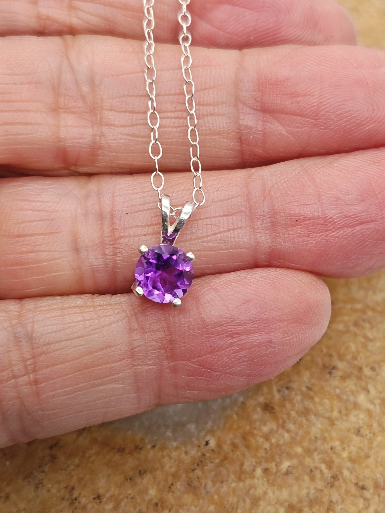 Purple Amethyst Sterling Silver Pendant Necklace with 6mm faceted round stone - Folks On The Edge