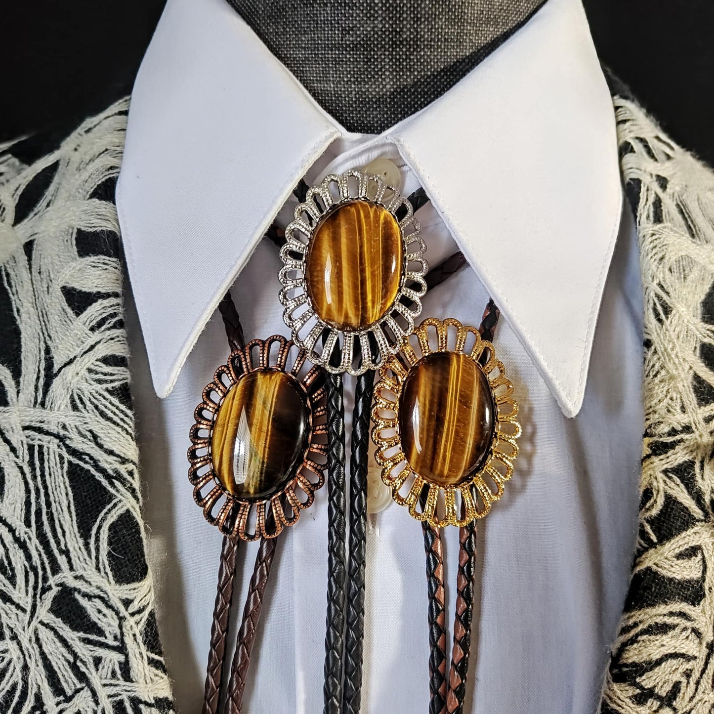 Regal Bolo Tie with Golden Brown Tiger's Eye Jasper Gold, Silver or Copper - Folks On The Edge