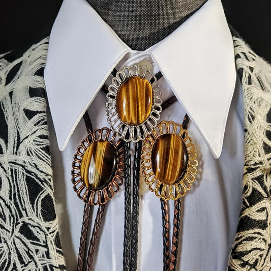 Regal Bolo Tie with Golden Brown Tiger's Eye Jasper Gold, Silver or Copper - Folks On The Edge