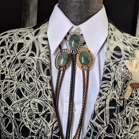 Regal Bolo Tie with Gray Blue Jasper Gold, Silver or Copper - Folks On The Edge