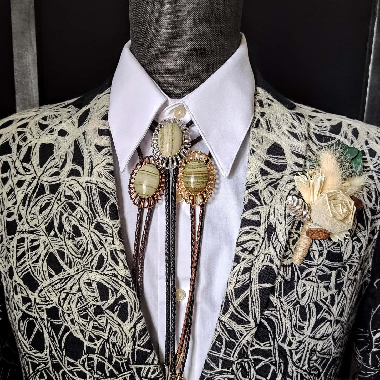 Regal Bolo Tie with Tan Jasper Gold, Silver or Copper - Folks On The Edge