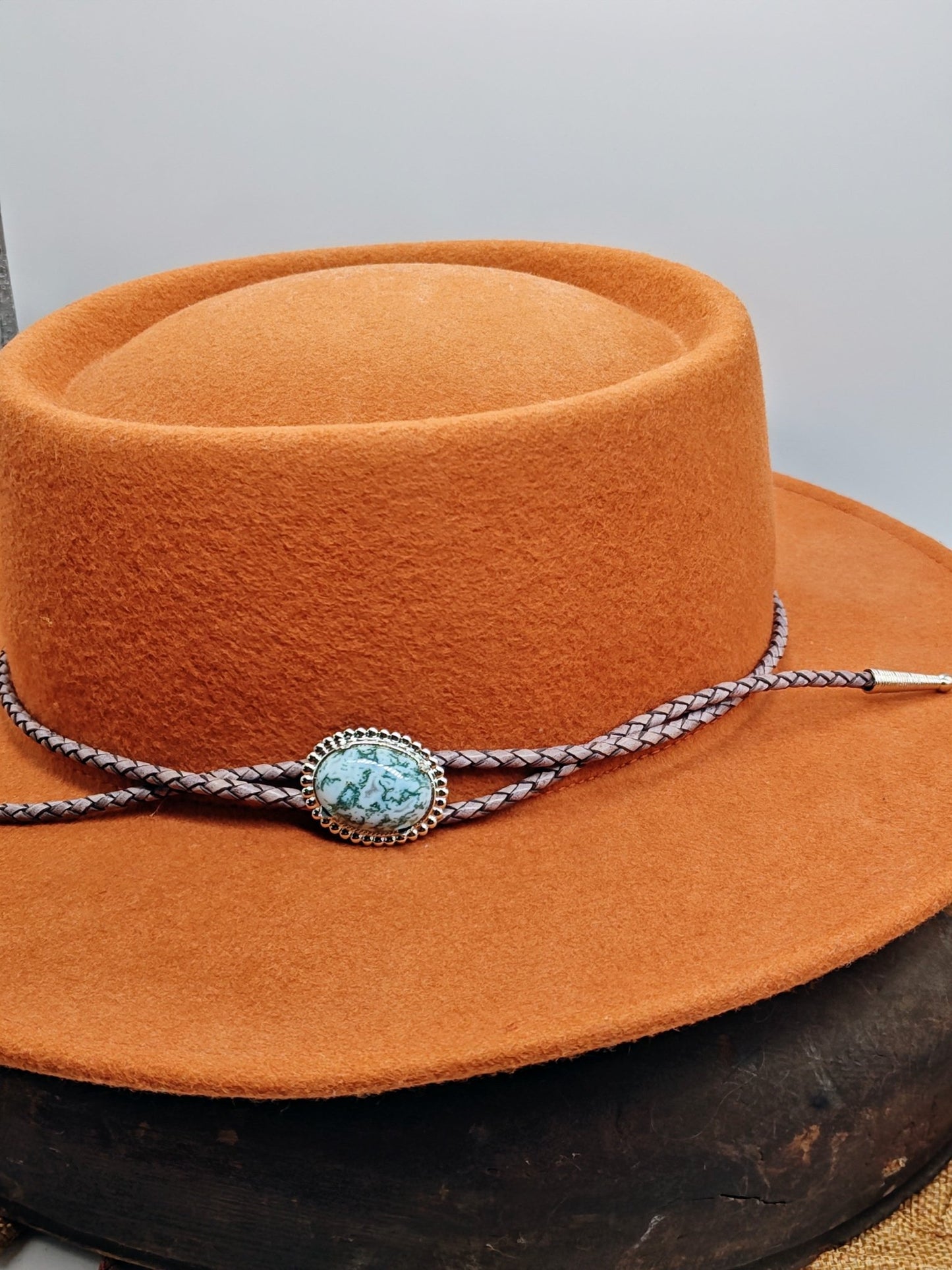 Reserved L Cowboy Hat Band with Tree Agate on Leather Band - Folks On The Edge