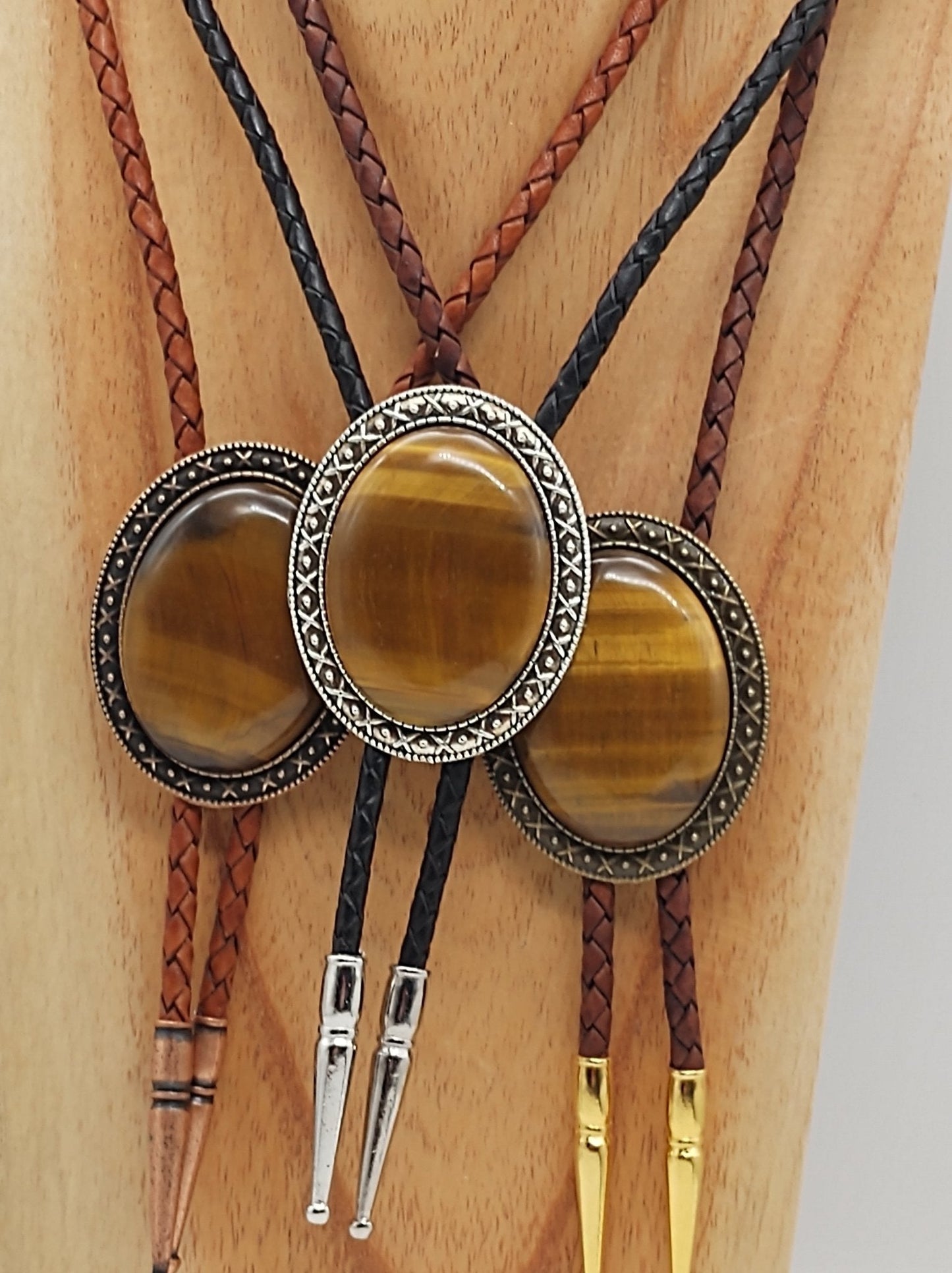 Reserved Yellowstone Bolo Tie with Brown Tiger's Eye Jasper in Gold Tone Metal - Folks On The Edge